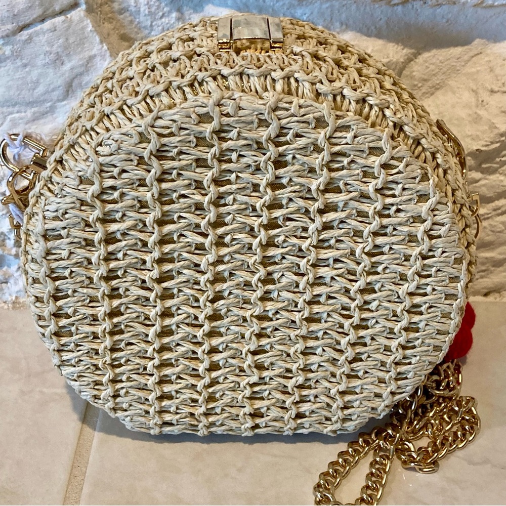 NWT Haute Hippie Cream Straw Round Crossbody with Red Cherry Charm - Picture 7 of 9